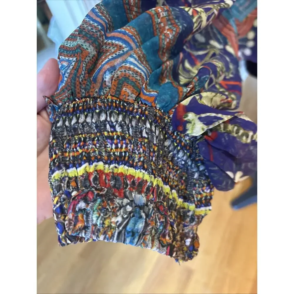 CAMILLA off shoulder or Silk Blouse crystals blue red open sleeve Shirred Cuff L - Picture 8 of 13